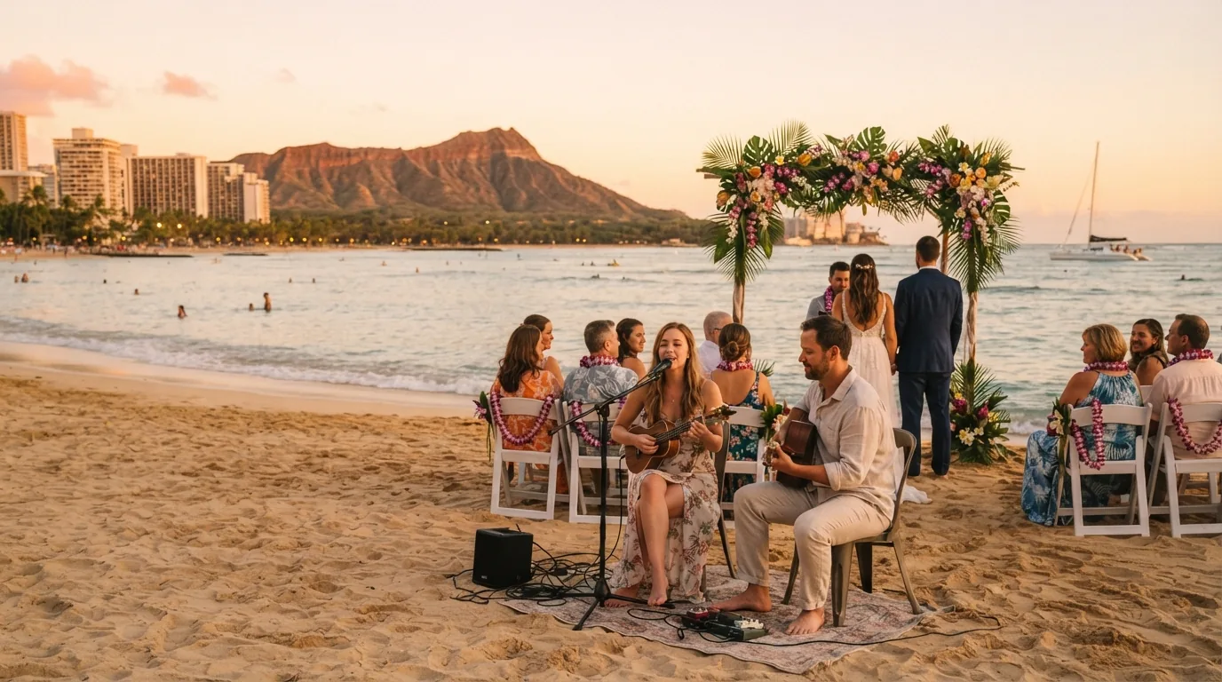 A guitar and ukulele duo playing a beach wedding at golden hour on Waikiki
