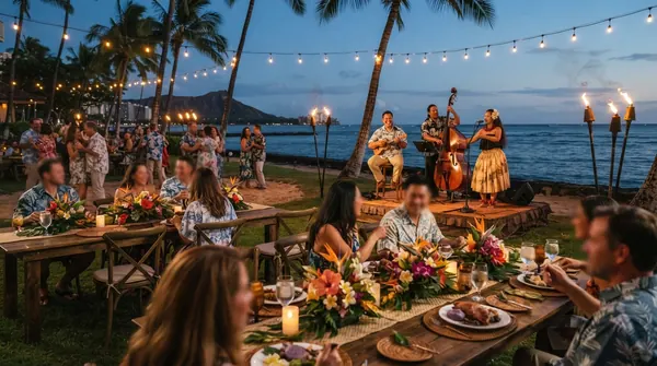 An outdoor luau at dusk with live music, Honolulu