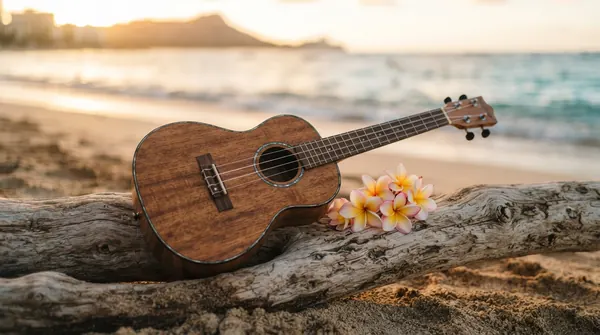 A koa ukulele on driftwood, Waikiki