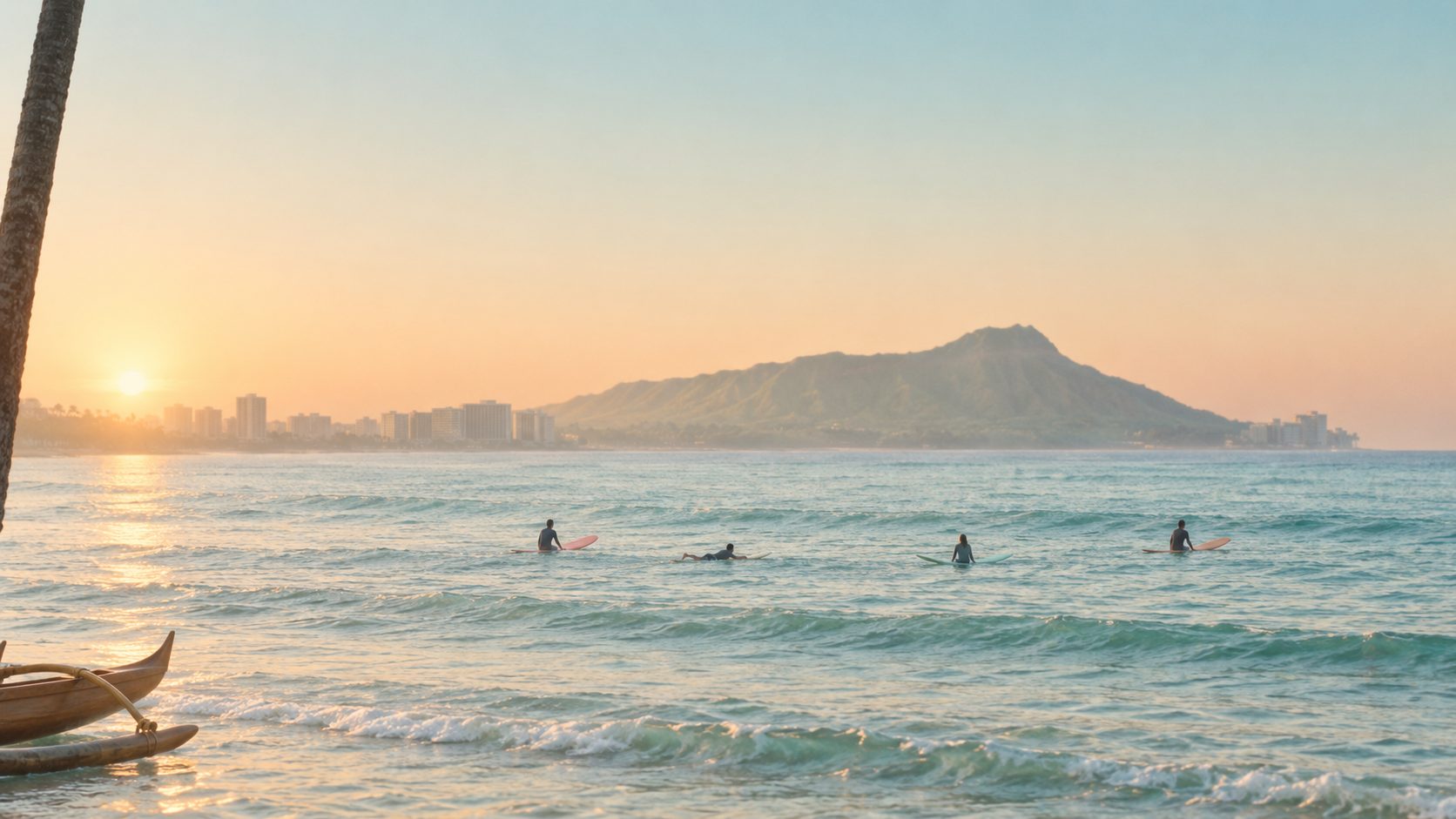 Surfers at sunrise off Waikiki Beach with Diamond Head in the distance